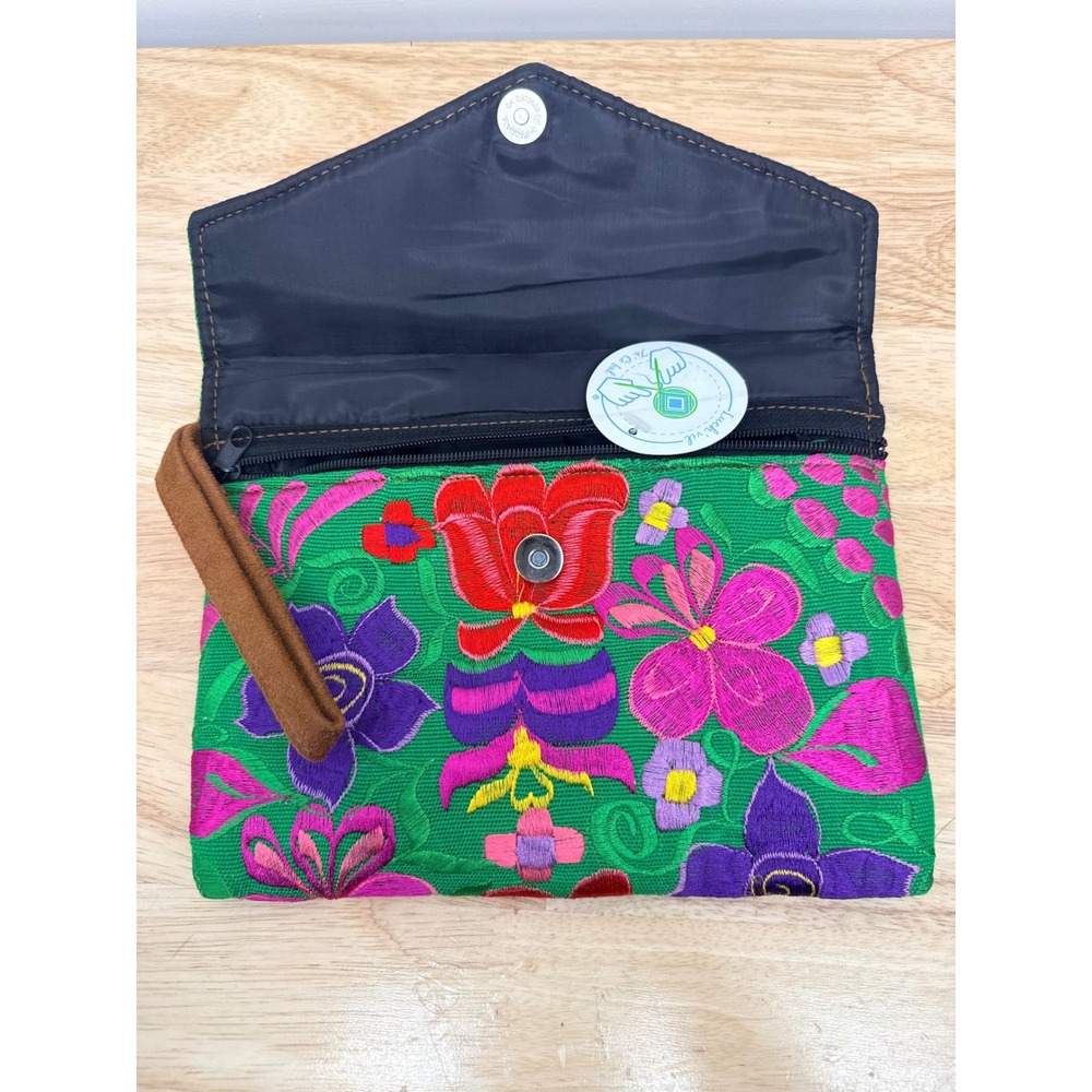 Luch'vil Ta' Co bal Mexican Floral Embroidered Clutch Green Wristlet Bag #15